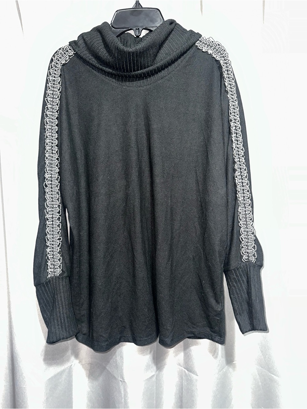 Black Turtleneck Sweater with Decorative Silver Sleeve Detail